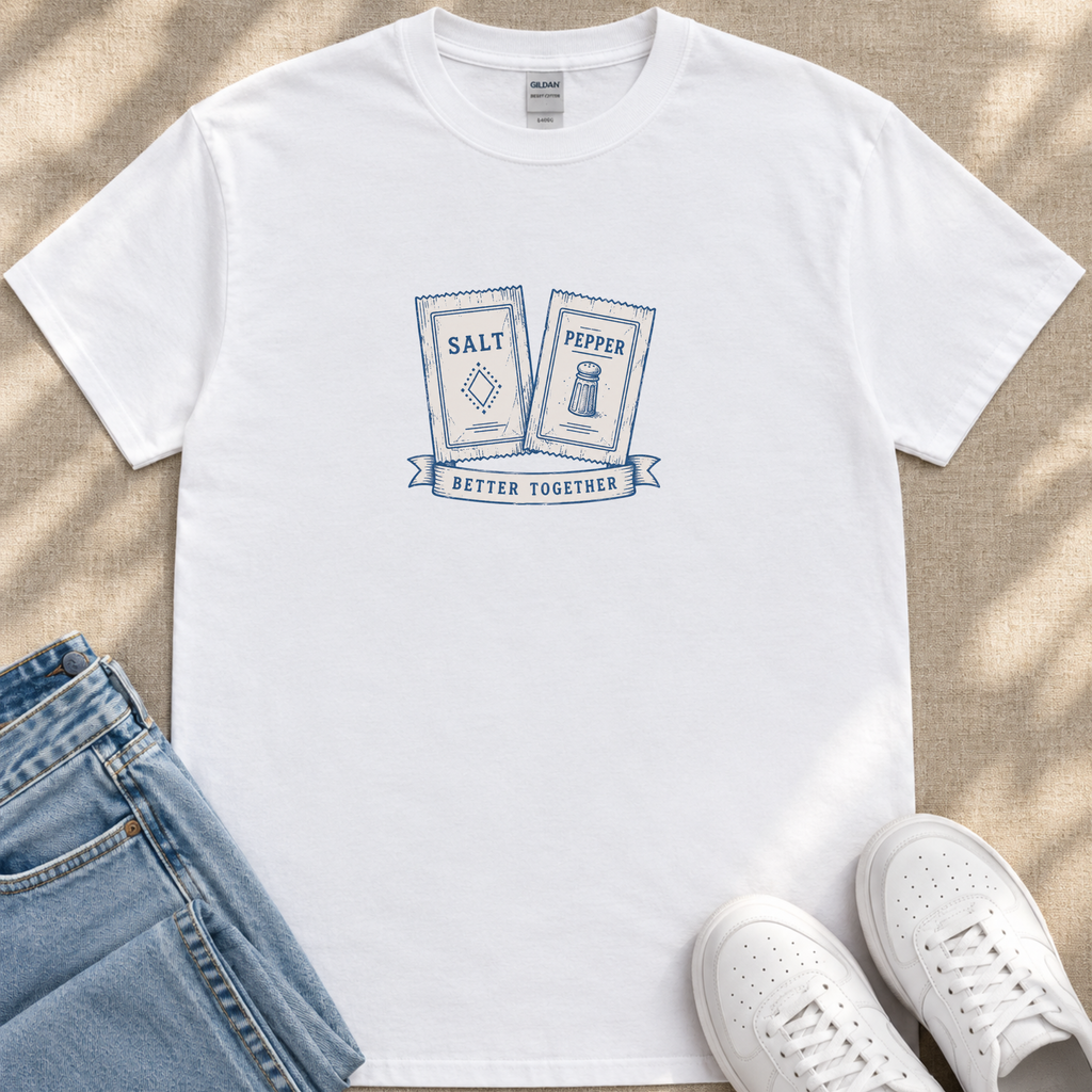 A white t-shirt with a graphic design of two salt and pepper shakers, along with the text "Better together" printed on it. The t-shirt is placed on a beige surface, and there are a pair of jeans and white sneakers visible in the background.