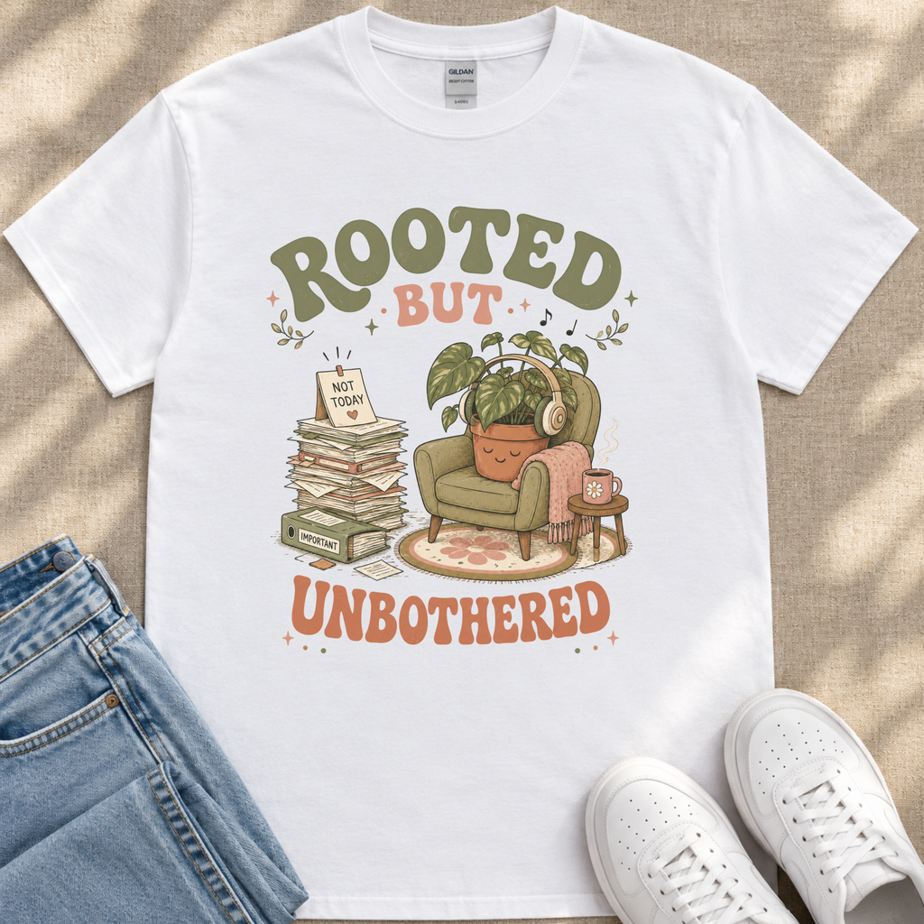 A white t-shirt with a graphic design featuring a potted plant, a stack of books, and a pair of headphones, along with the text "ROOTED BUT UNBOTHERED".